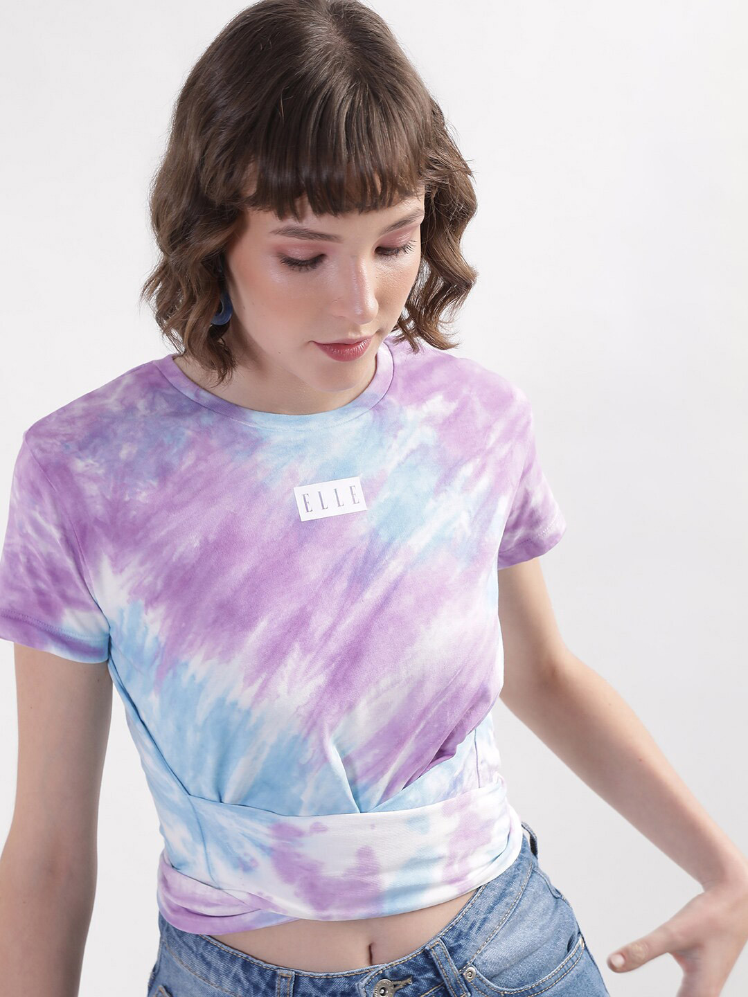 ELLE Tie & Dye High Neck Tie-Up Detail Pure Cotton T-shirt