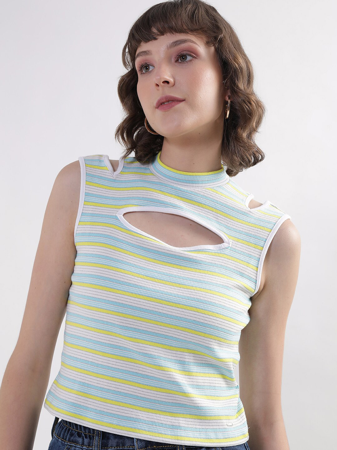 ELLE Striped High Neck Cut-Out Cotton T-shirt
