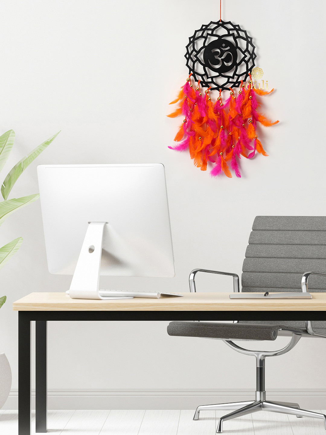 DULI Pink & Orange Om Windchimes With Feather Details