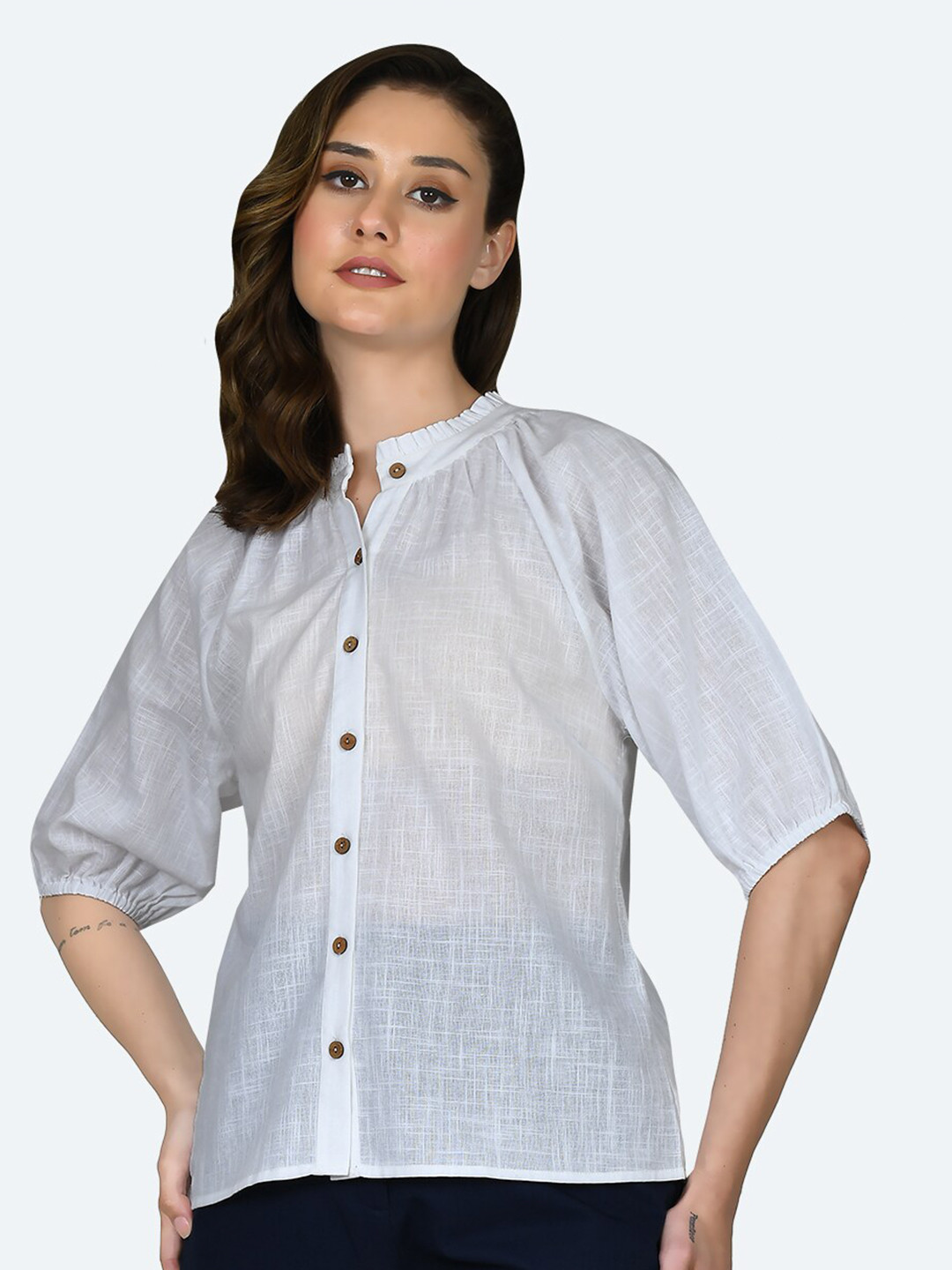 Zink London Mandarin Collar Pure Cotton Shirt Style Top