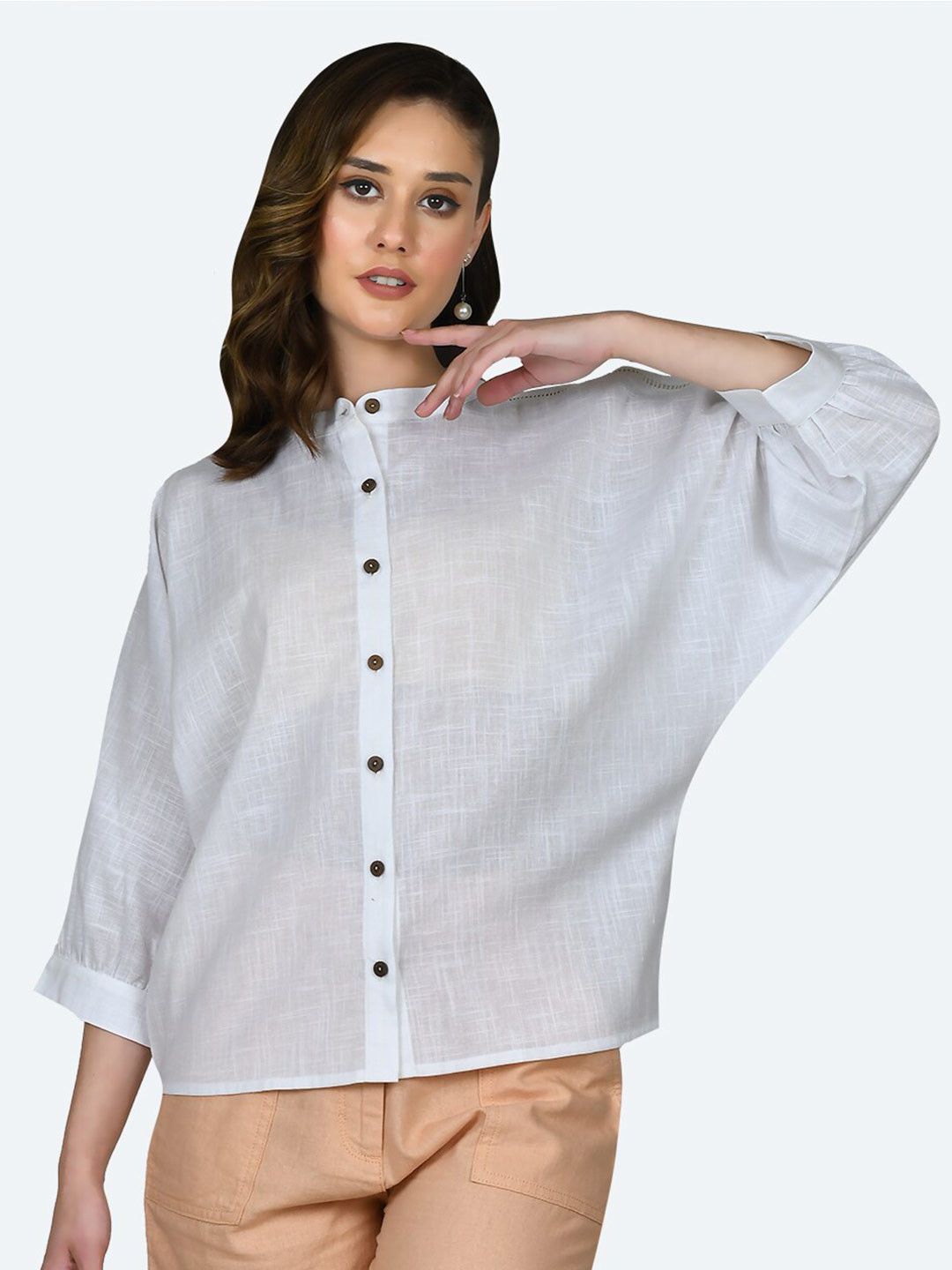 Zink London Mandarin Collar Cuffed Sleeves Pure Cotton Shirt Style Top