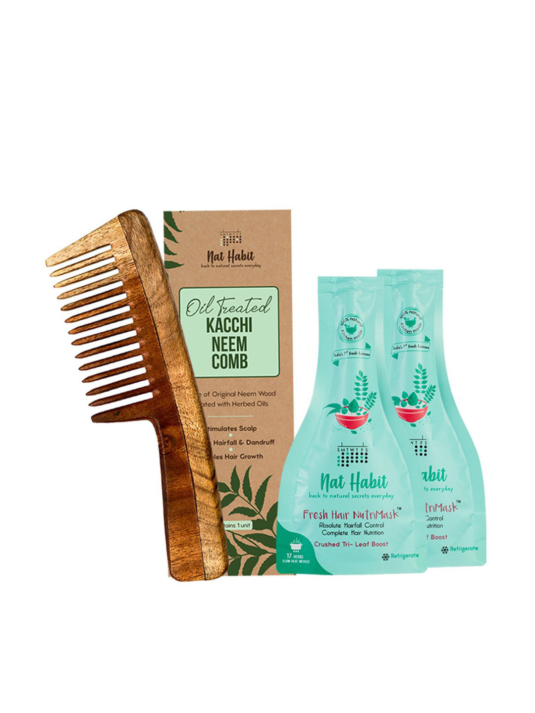 Nat Habit Kacchi Neem Comb & Set of 2 Crushed Tri-Leaf Boost Fresh Hair Nutri Mask