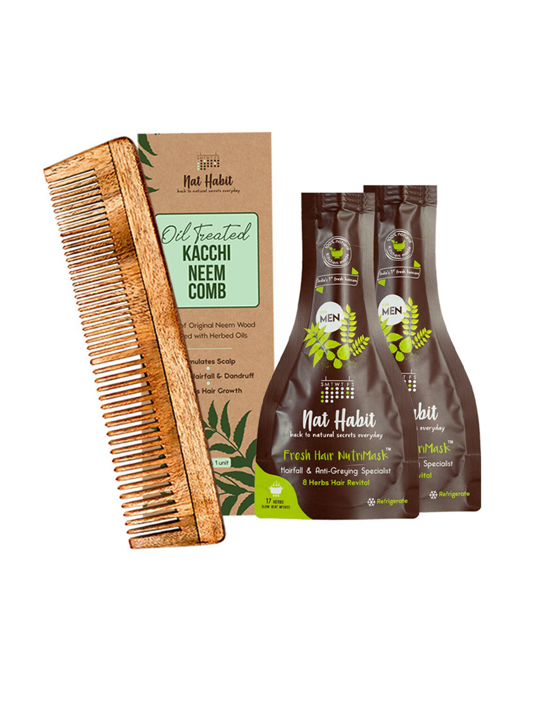 Nat Habit Set of 2 Men 8 Herbs Hairfall Revital Fresh Hair Nutri Mask & Kacchi Neem Comb