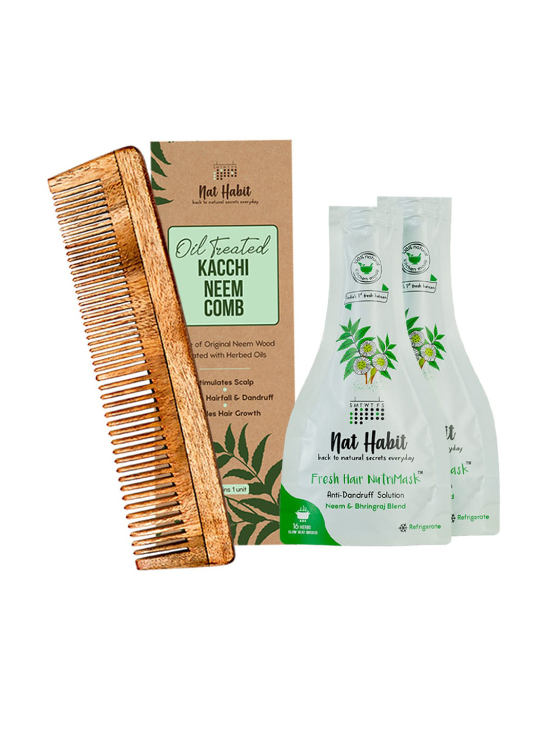 Set Of Oil Treated Kacchi Neem Comb & 2 Pcs Neem Bhringraj Fresh Hair NutriMask