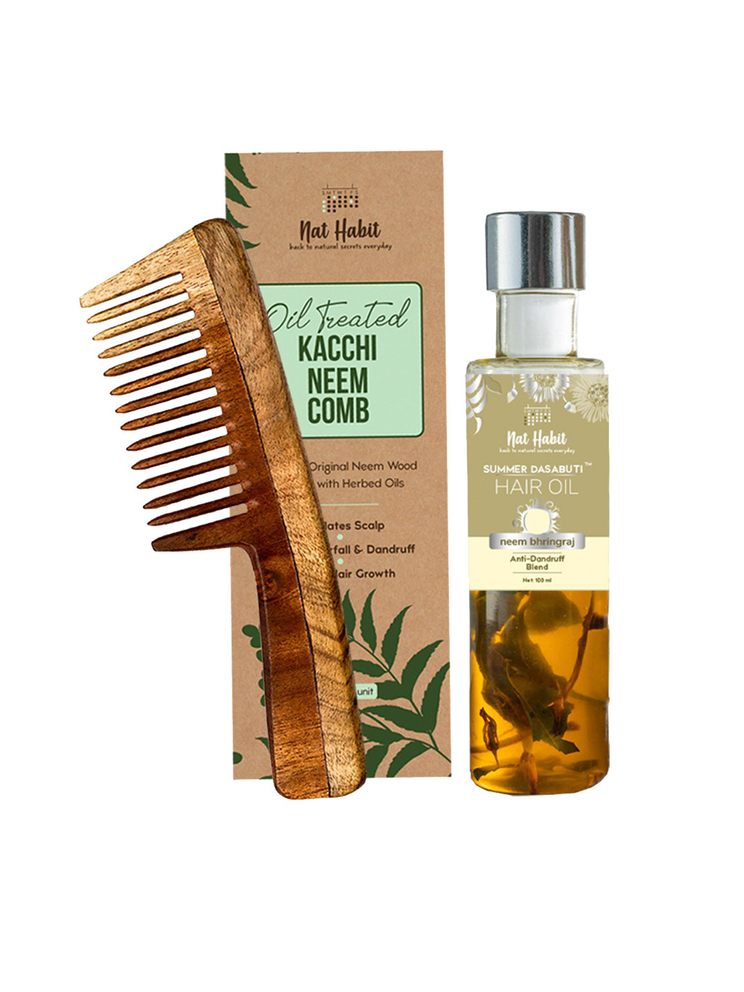 Nat Habit Set Of Wide Tooth kacchi Comb  Neem Bhringraj Dasabuti Hair Oil