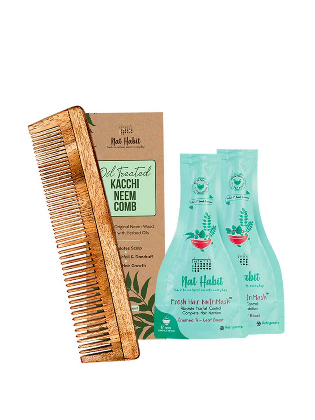 Nat Habit Set Of Oil Treated Kacchi Neem Comb & 2 Pcs Crushed TriLeaf Fresh Hair NutriMask