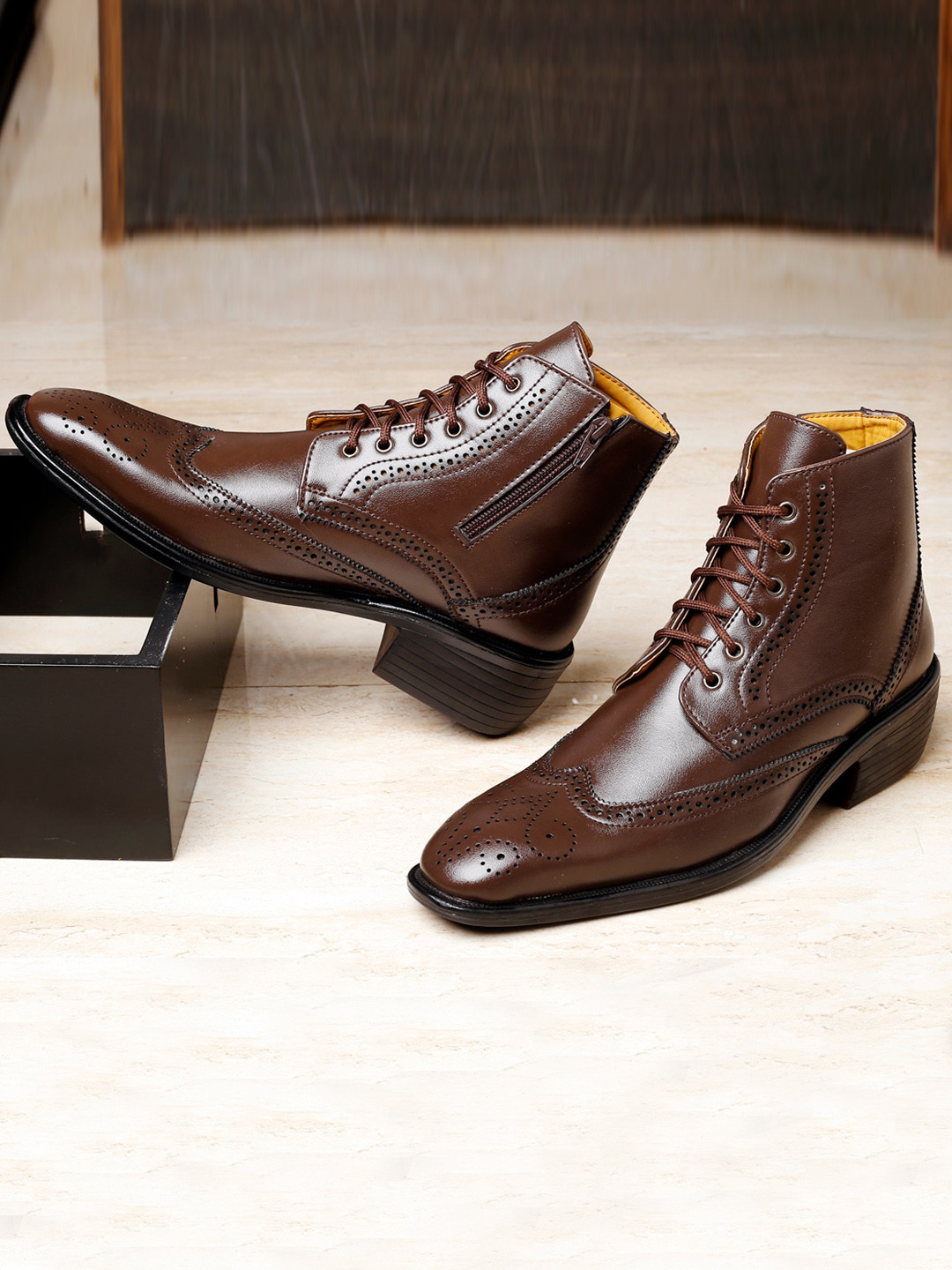 Bxxy Men Block-Heeled Height Increasing Brogue Boots