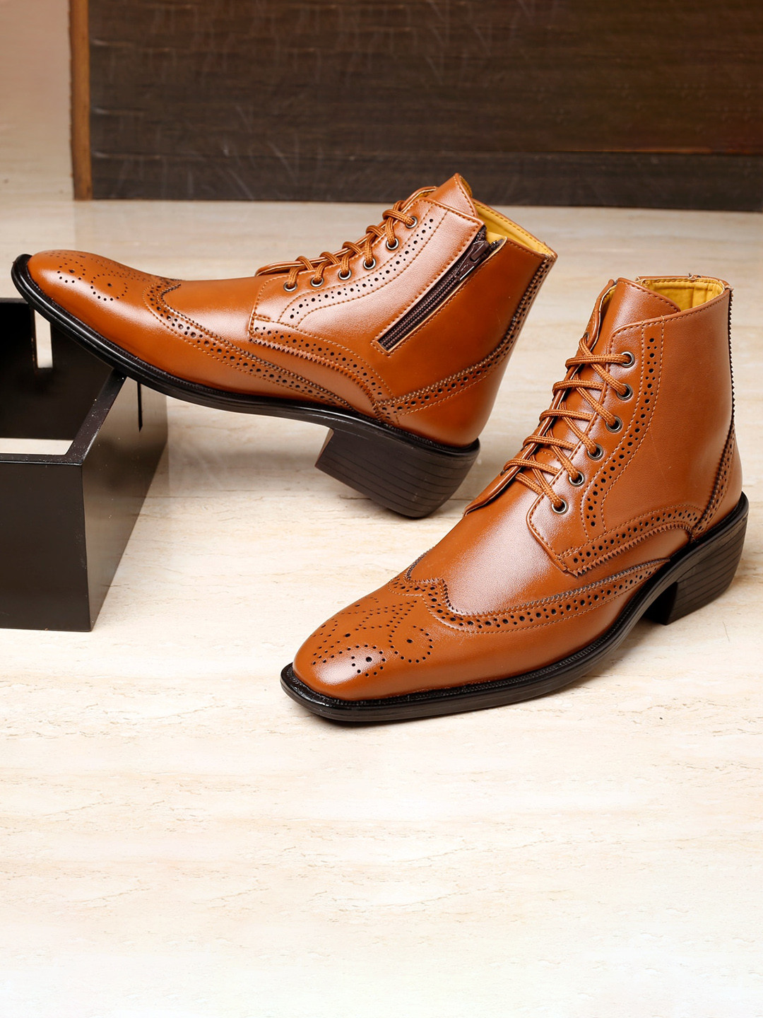 Bxxy Men Block-Heeled Height Increasing Brogue Boots