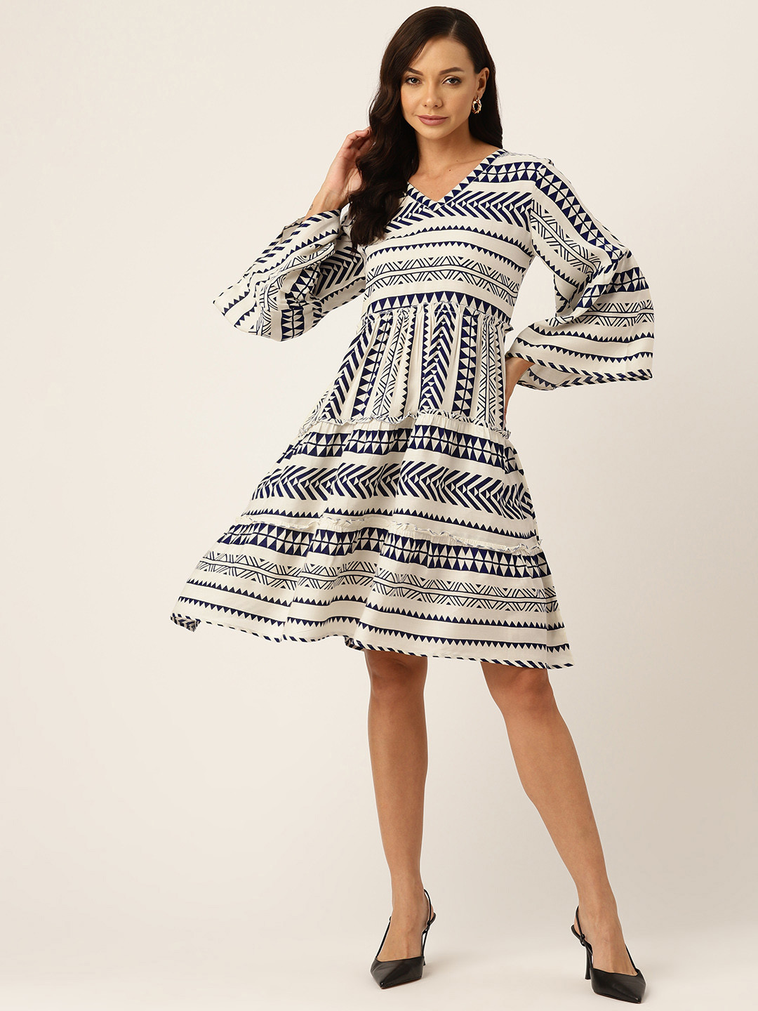 Stylum Navy Blue & Off White Print Flared Sleeve Fit & Flare Dress