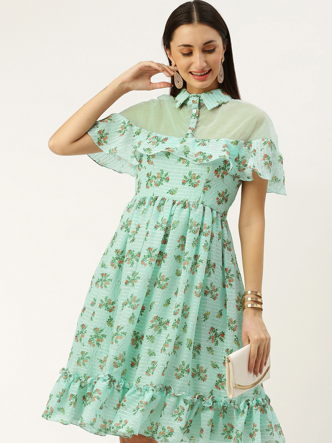 Ethnovog Floral Print Cape Sleeve Ruffled Georgette A-Line Dress
