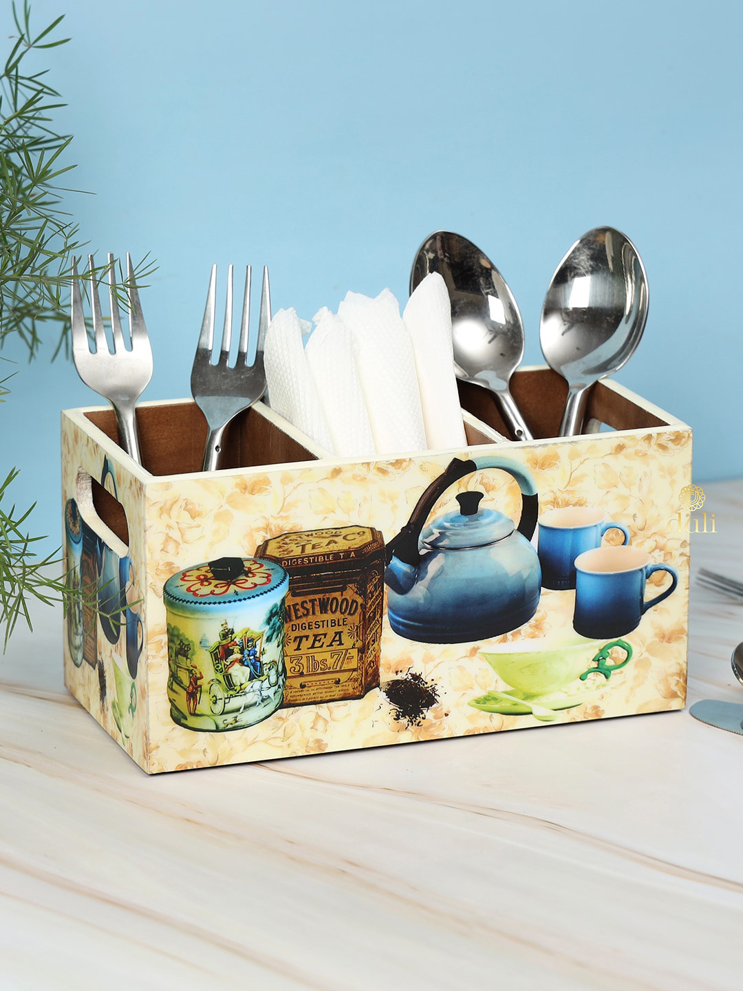 DULI Yellow & Blue Printed MDF Wooden Cutlery Holder With 3 Sections