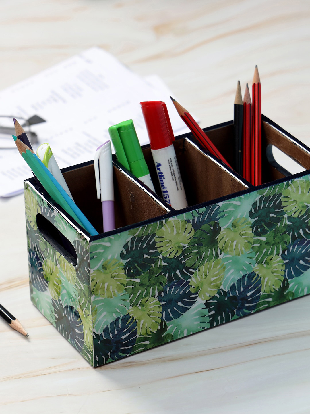 DULI Green Tropical Printed MDF Wooden Pen Stand With 3 Sections