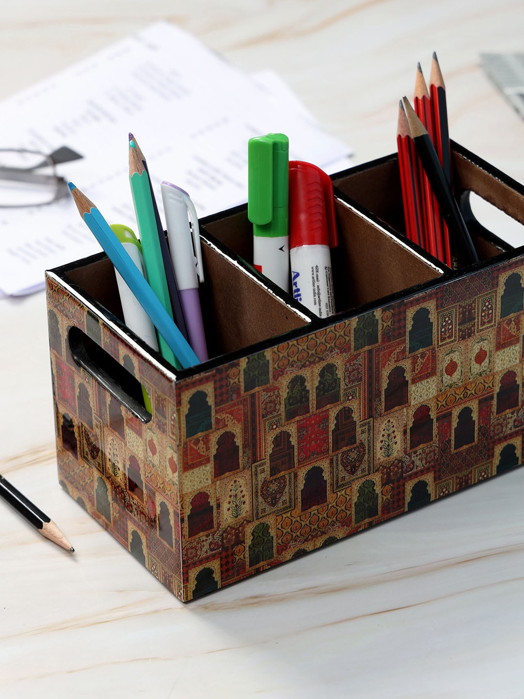 DULI Brown & Yellow Ethic Motif Printed MDF Wooden Pen Stand With 3 Sections