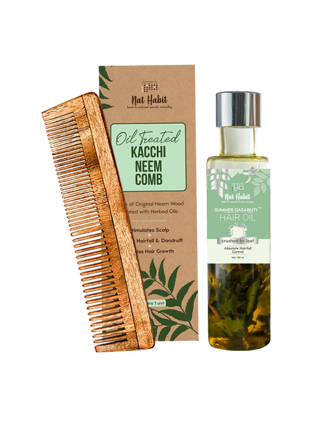 Nat Habit Set of Kacchi Neem Comb  Summer Dasabuti Crushed Tri Leaf Hair Oil (100ml)