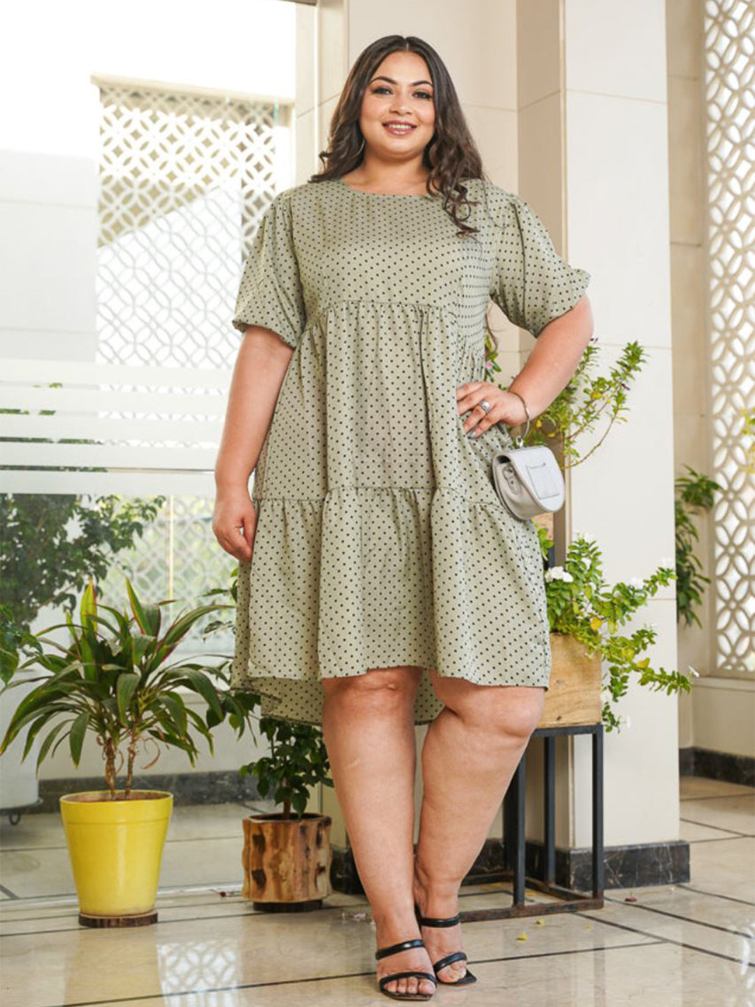 NANGALIA RUCHIRA Plus Size Polka Dot Printed Tiered Crepe A-Line Dress
