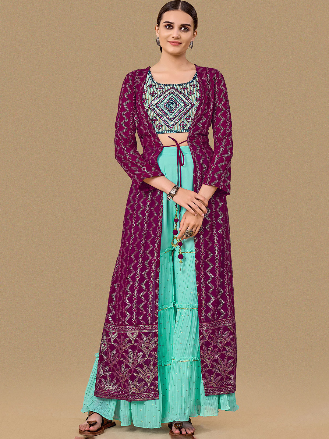 Fusionic Embellished Crop Top With Sharara Co-Ord Comes With Long Shrug