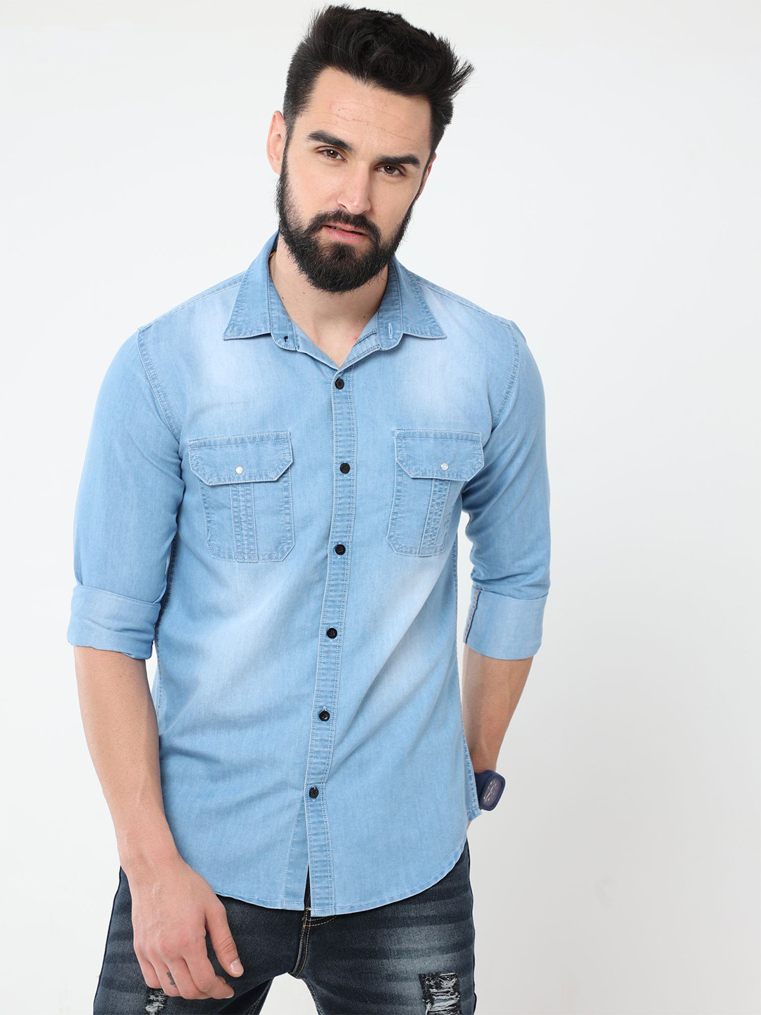 Reslag Spread Collar Faded Denim Casual Shirt