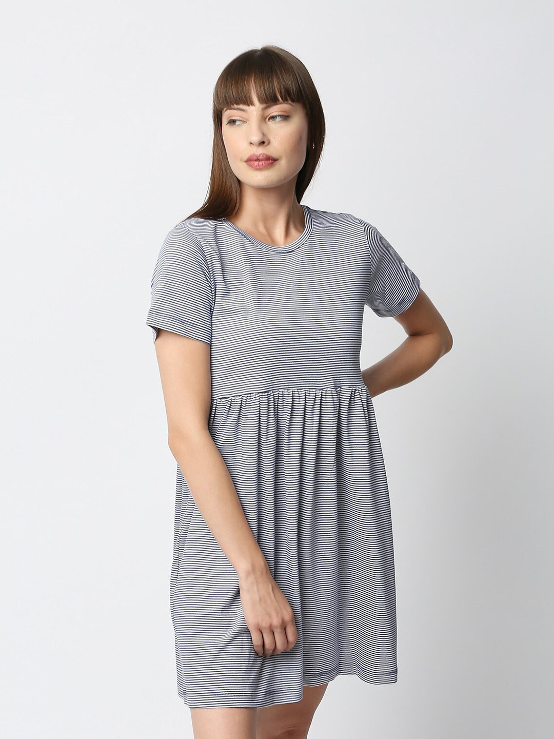 VALEN CLUB Striped Pure Cotton A-Line Mini Dress