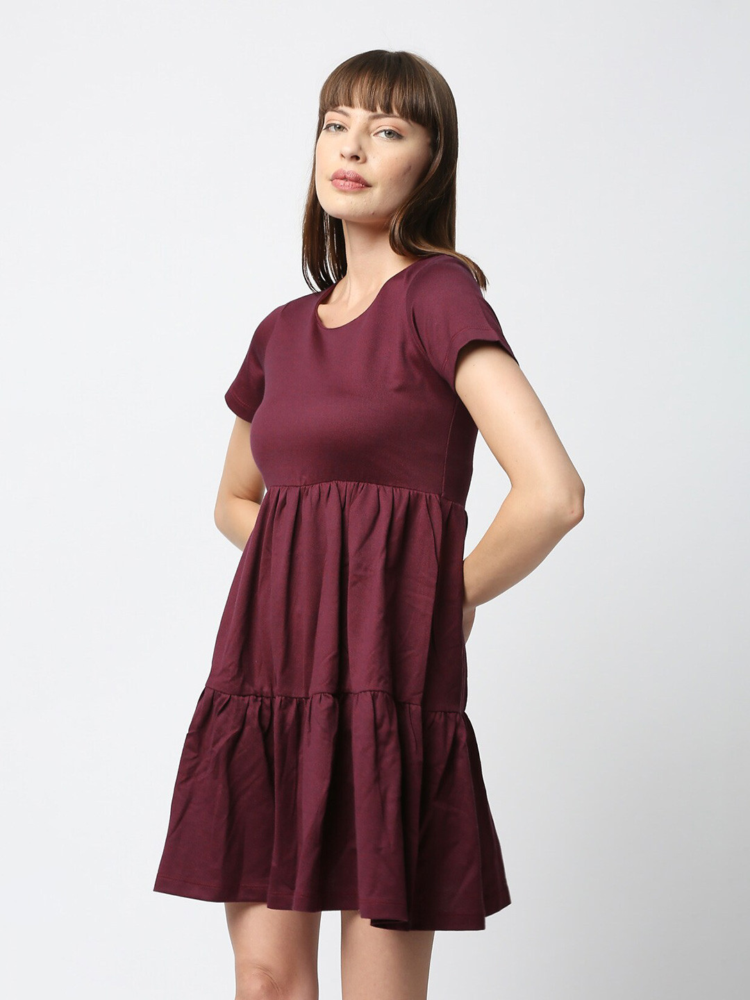 VALEN CLUB Round Neck Tiered Pure Cotton Fit & Flare Mini Dress