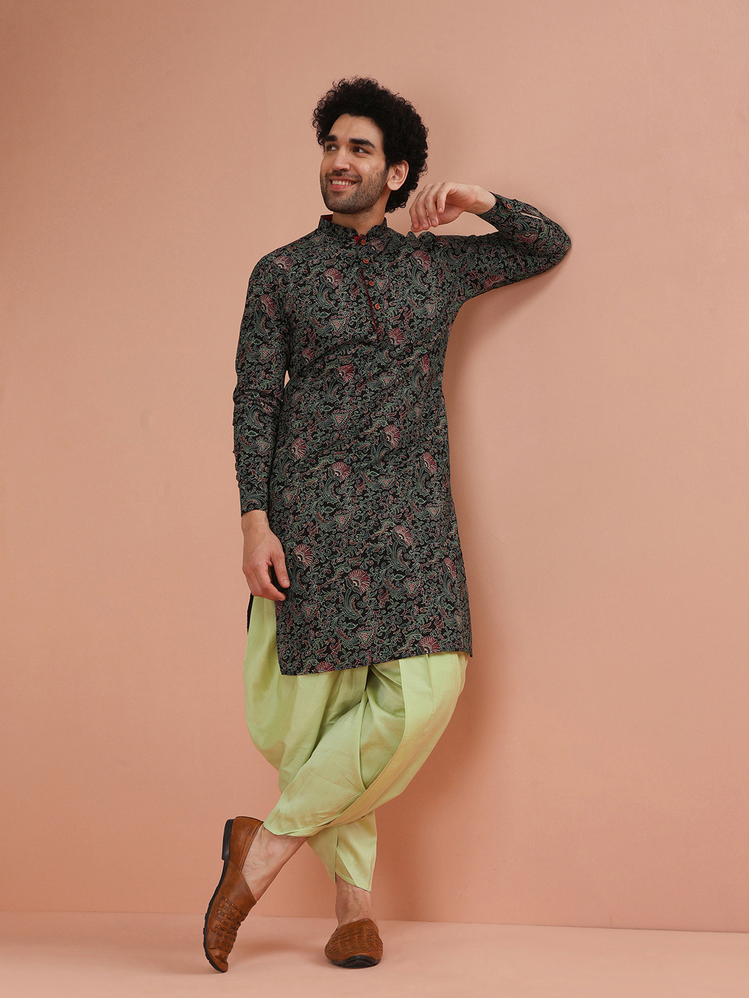 KISAH Men Kantha Printed Regular Fit Kurta Dhoti Set