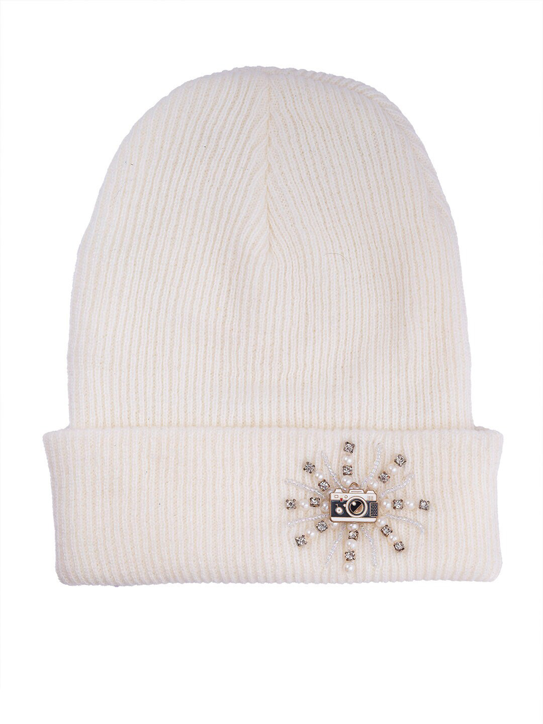 HAIR DRAMA CO. Women Woolen Knitted Beanie Skull Cap with Crystals & Pearls