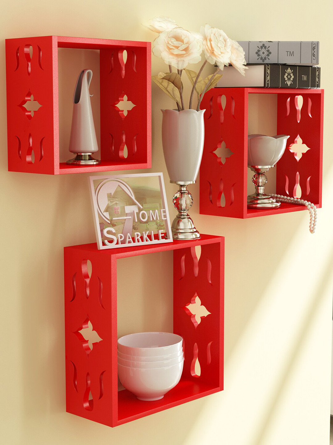 Home Sparkle 3 Pieces Red Carved MDF Wooden Cube Wall Shelves