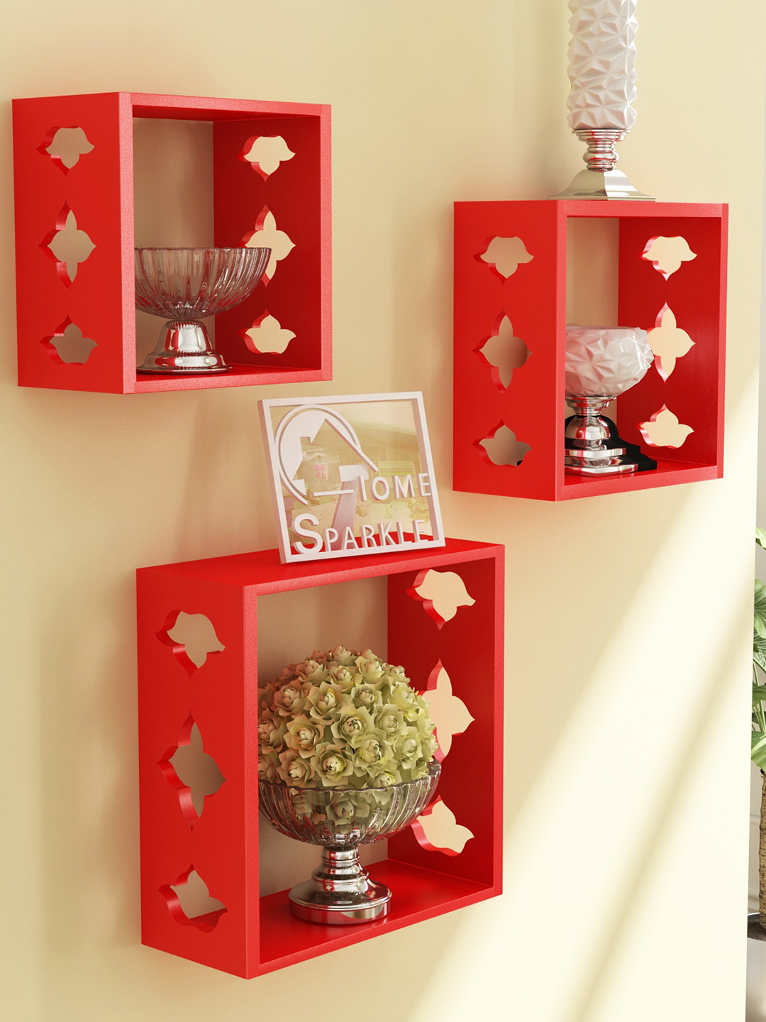 Home Sparkle 3 Pieces Red MDF Wooden Cube Floating Shelves