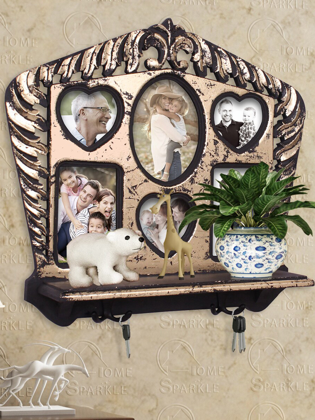Home Sparkle Wooden Wall Shelf With Photo Frame & Hooks