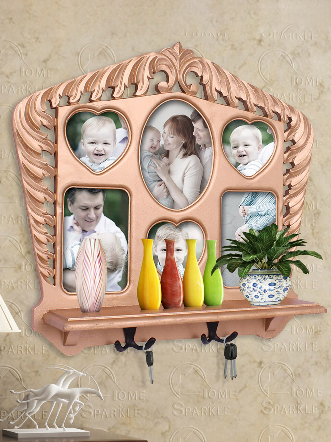 Home Sparkle Wooden Wall Shelf With Photo Frame & Hooks