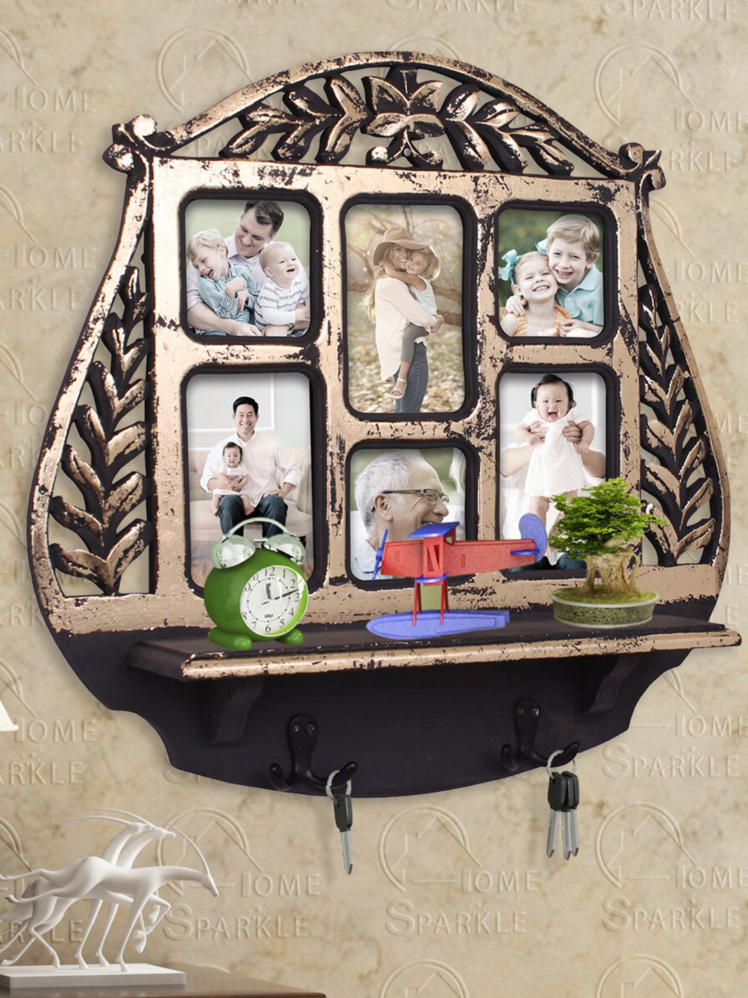 Home Sparkle Gold-Toned & Black Wood Wall Shelf with Keyholders