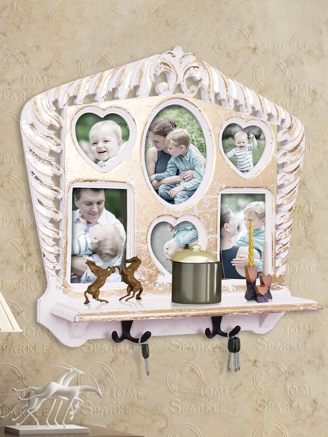 Home Sparkle Gold-Toned & White Wooden Wall Shelf With Photo Frame & Hooks