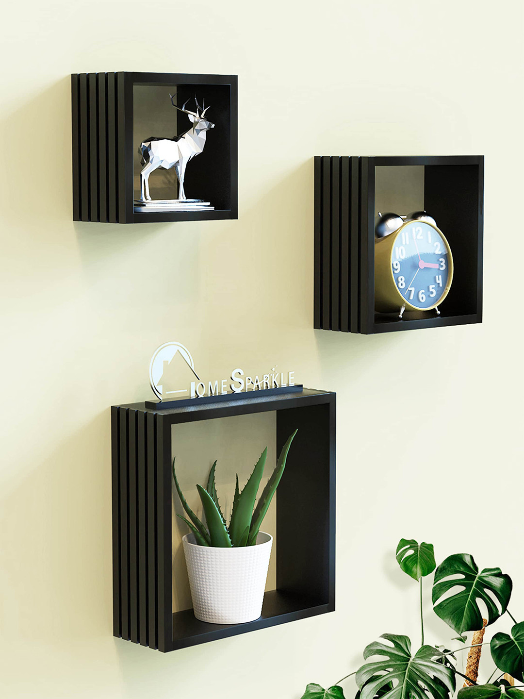 Home Sparkle 3 Pieces Black 3D Design Carved MDF Wooden Wall Shelves