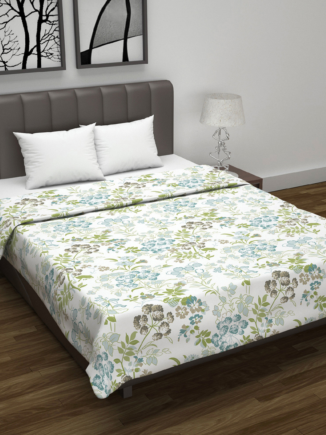 Divine Casa Emeraled White & Green Floral AC Room 120 GSM Reversible Double Bed Dohar
