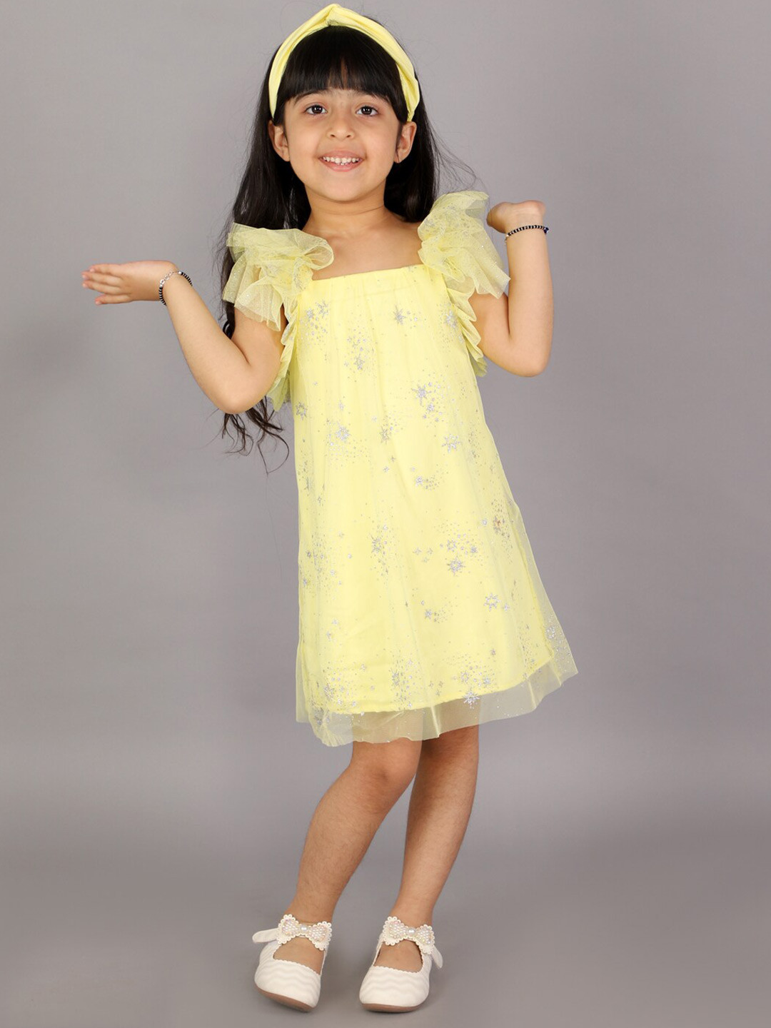 KidsDew Girls Floral Printed Flutter Sleeves Net A-Line Dress With Hairband