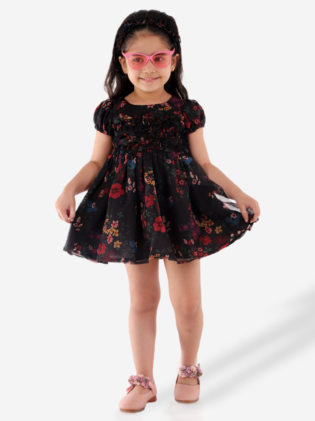 KidsDew Girls Floral Printed Ruffled Fit & Flare Dress With Shorts