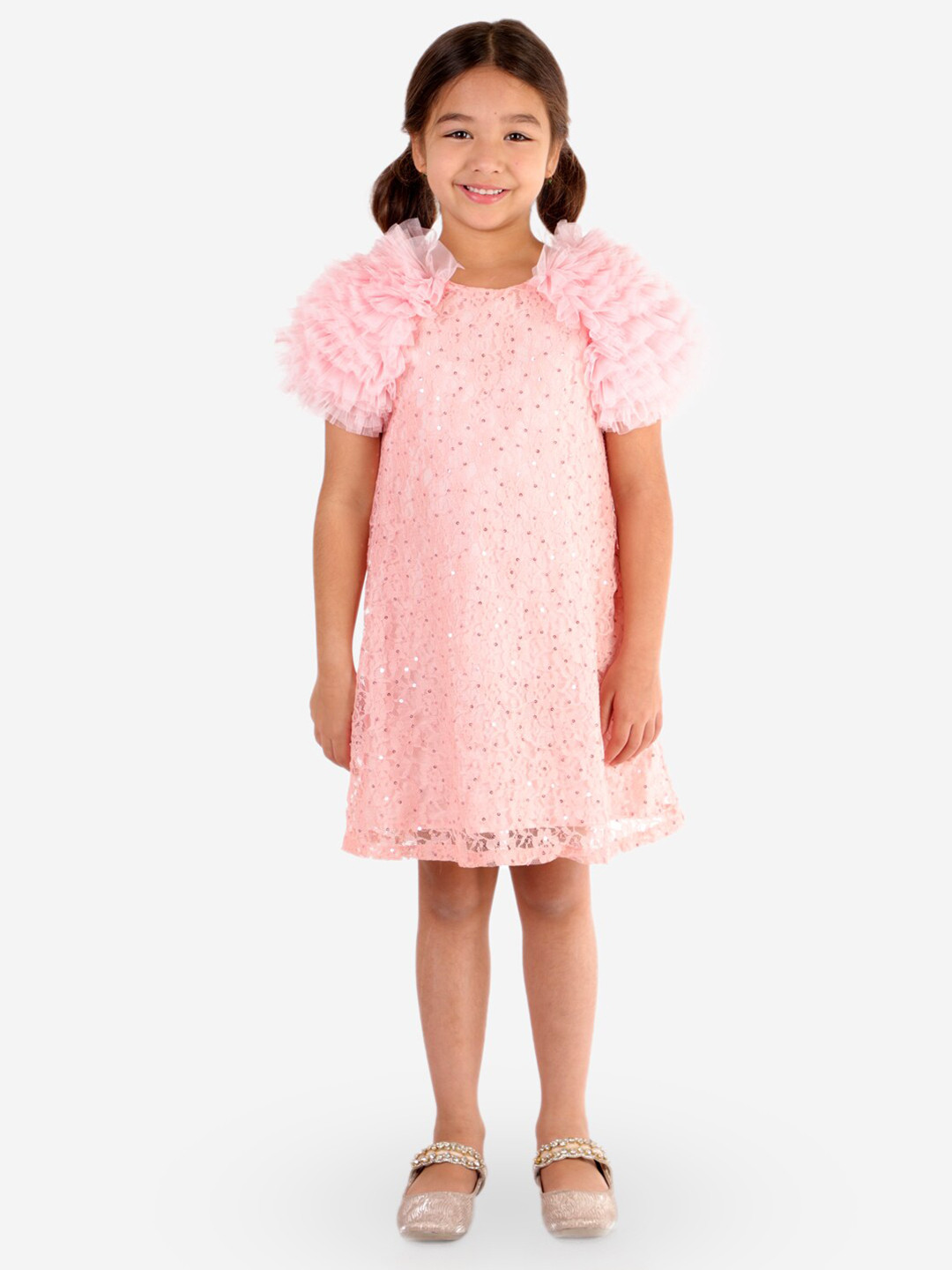 KidsDew Girls Round Neck Ruffles Embroidered Lace A-Line Dress
