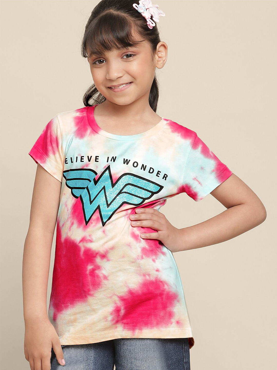Kids Ville Girls Wonder Woman Tie Dye-Printed Pure Cotton T-Shirt