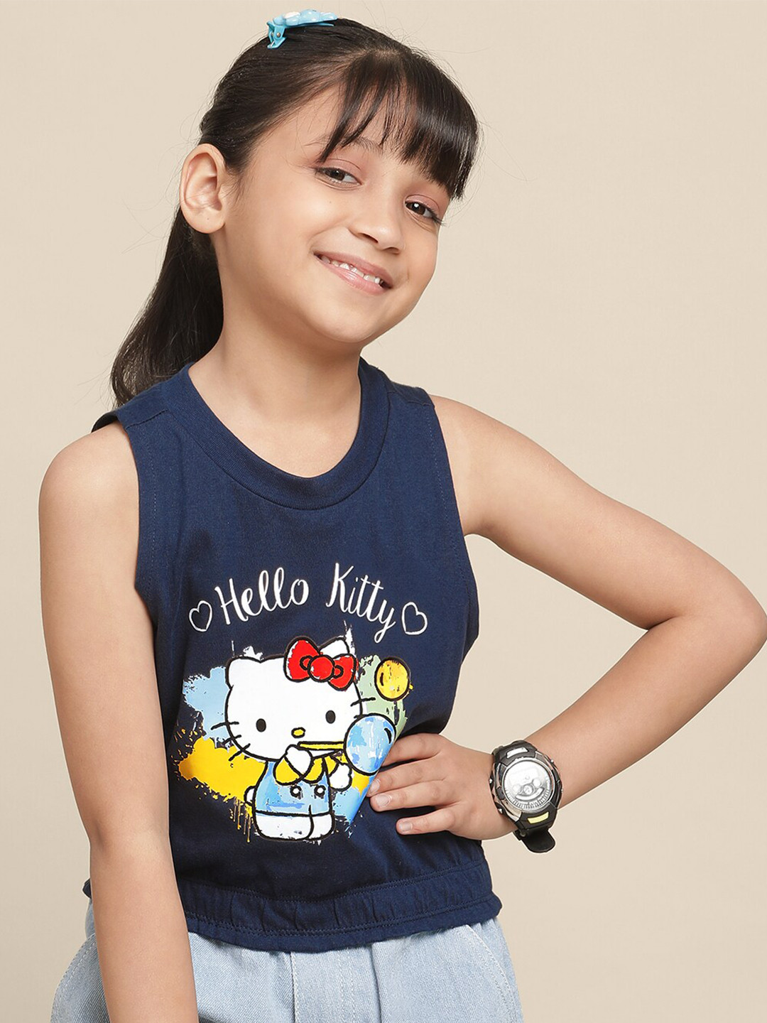 Kids Ville Girls Hello Kitty Printed Pure Cotton Tank Top