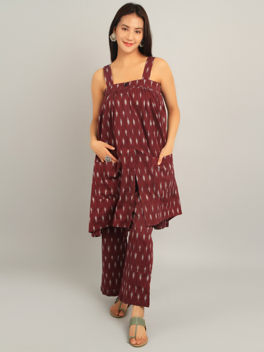 INDOPHILIA Maroon Print A-Line Maxi Dress
