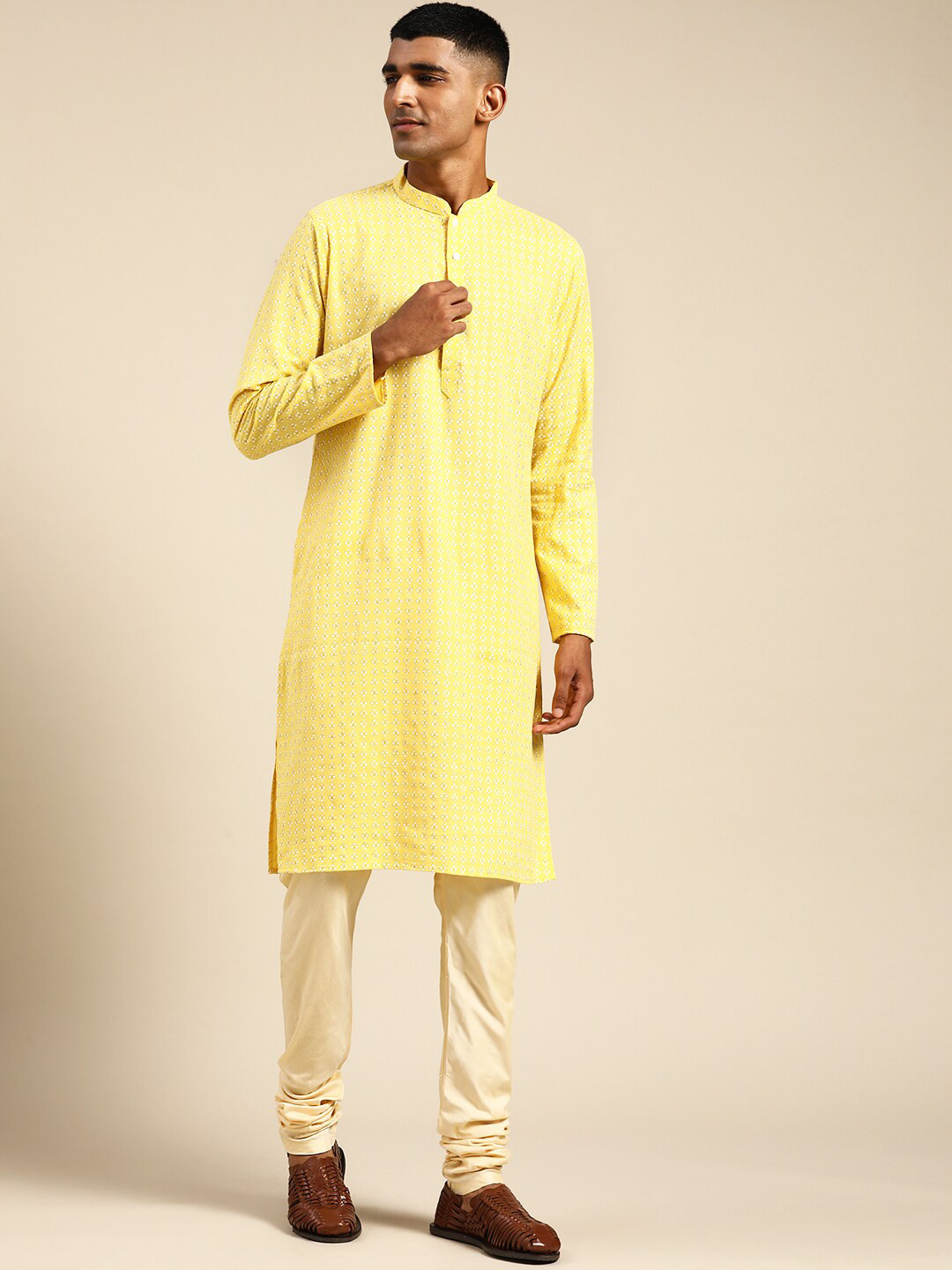 KISAH Thread Work Yellow Mandarin Collar Regular Cotton Straight Kurta