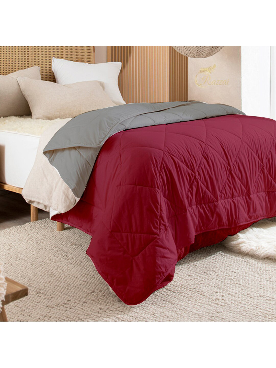 RAZZAI Burgundy & Grey Microfiber AC Room 150 GSM Double Bed Comforter