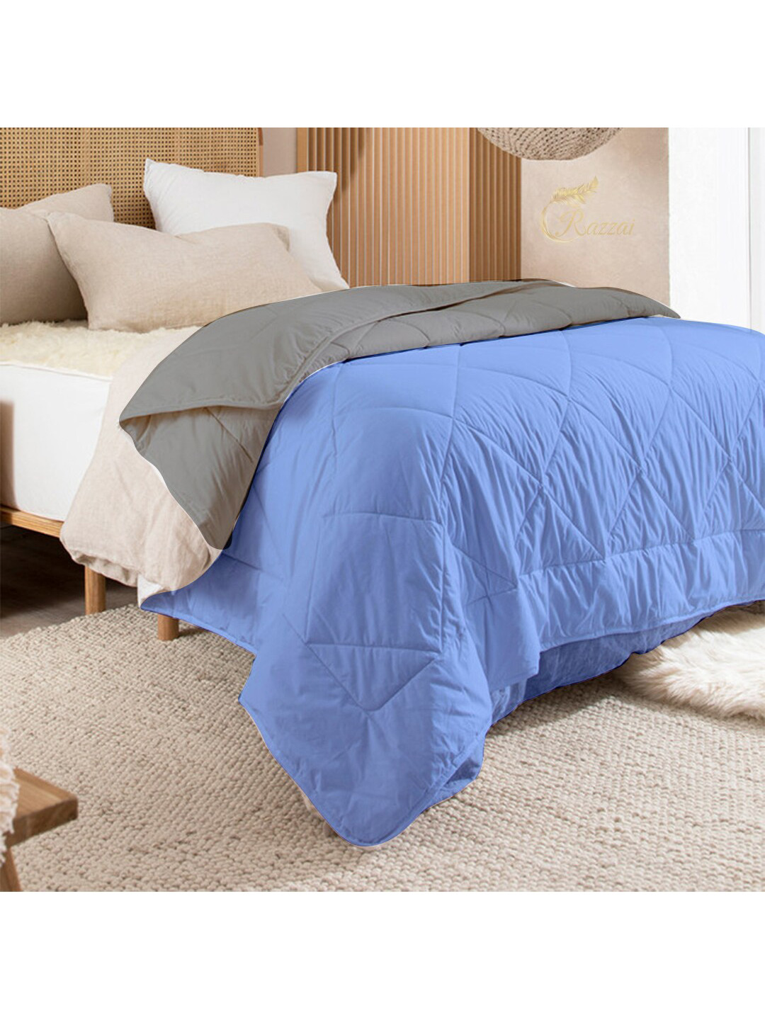 RAZZAI Blue & Grey Geometric Microfiber AC Room 150 GSM Double Bed Comforter