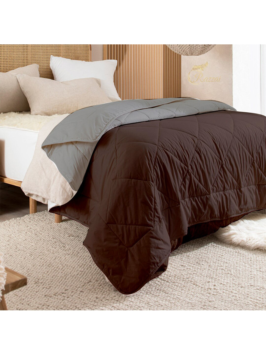 RAZZAI Brown Geometric Microfiber AC Room 150 GSM Double Bed Comforter
