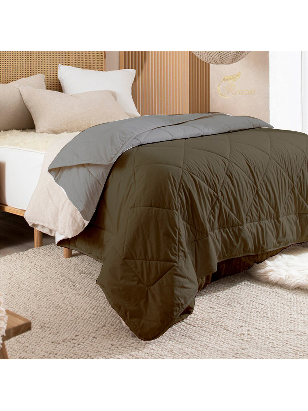 RAZZAI Olive & Grey Microfiber AC Room 150 GSM Double Bed Comforter