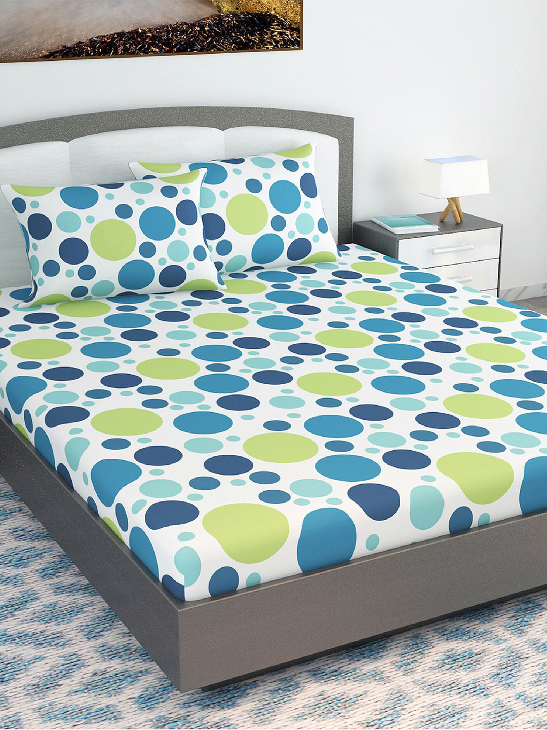 Divine Casa Garden Bliss White Geometric Pure Cotton Breathable 120 TC King Bedsheet with 2 Pillow Covers-106 x 106 inches
