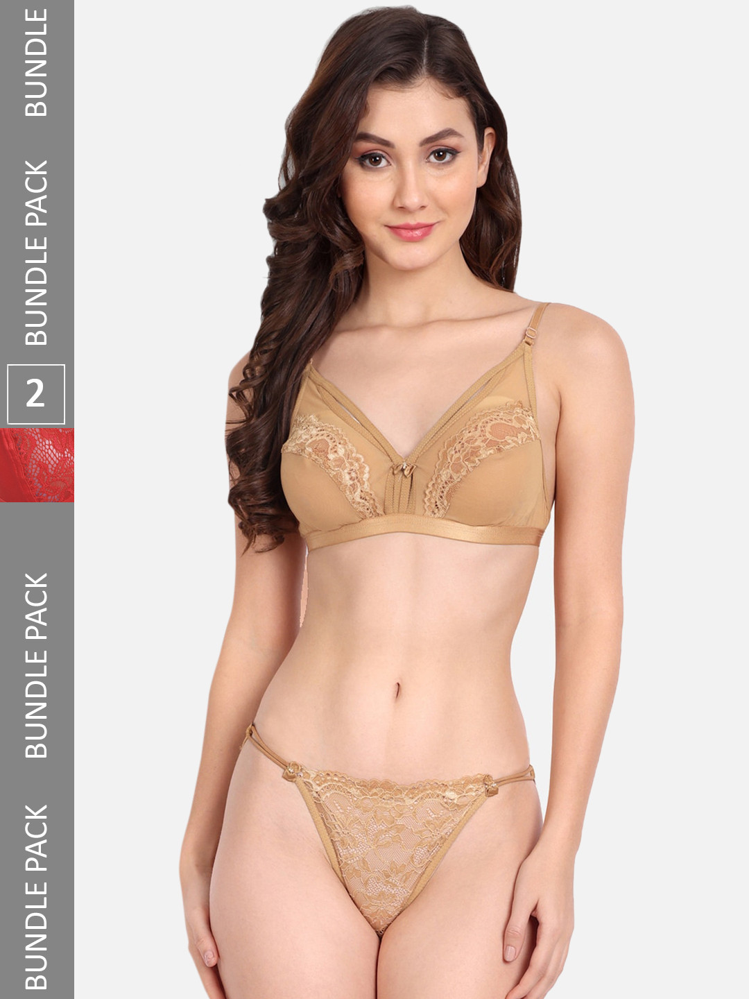 FIMS Pack Of 2 Self-Design Lace Lingerie Set C_KarrySet_Beige_KatSet_Red_B