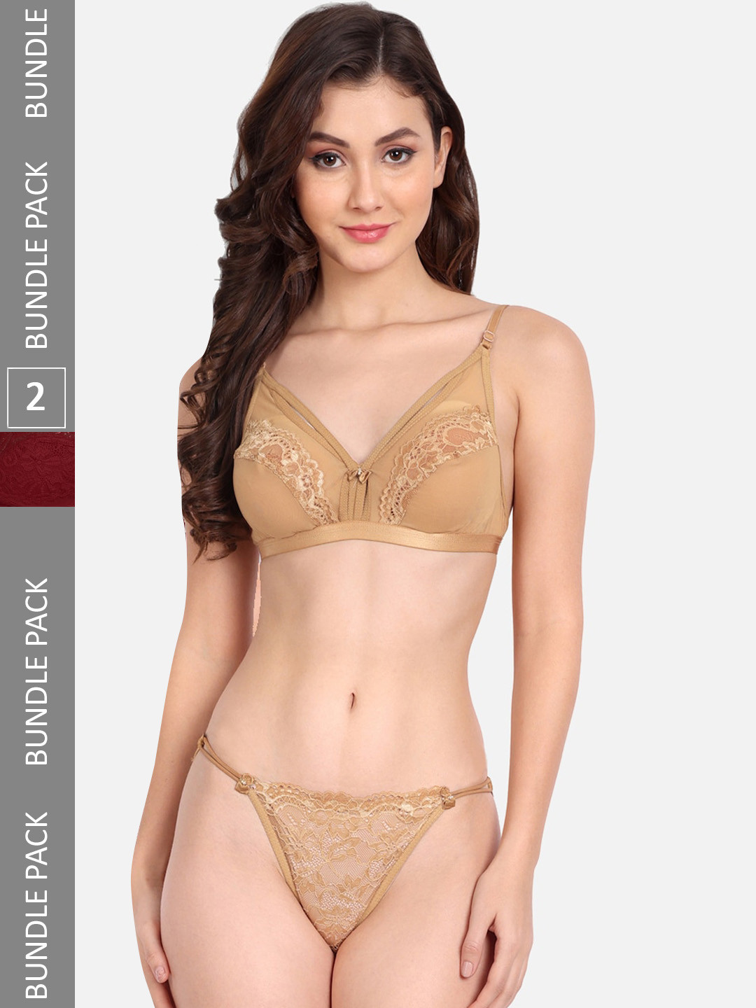 FIMS Pack Of 2 Self Design Non Padded Lingerie Set C_KarrySet_Beige_BlumerSet_Maroon_B