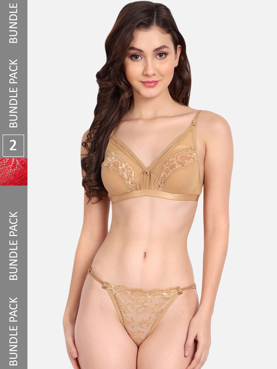 FIMS Pack Of 2 Laced Non Padded Lingerie Set C_KarrySet_Beige_StoneSet_Red_B