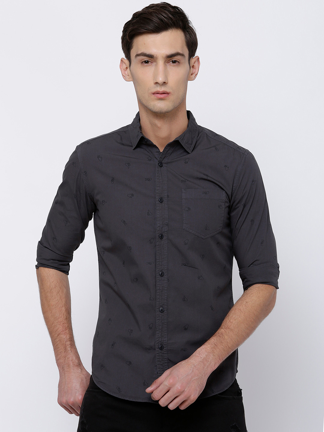 LOCOMOTIVE Men Charcoal Slim Fit Solid Casual Shirt
