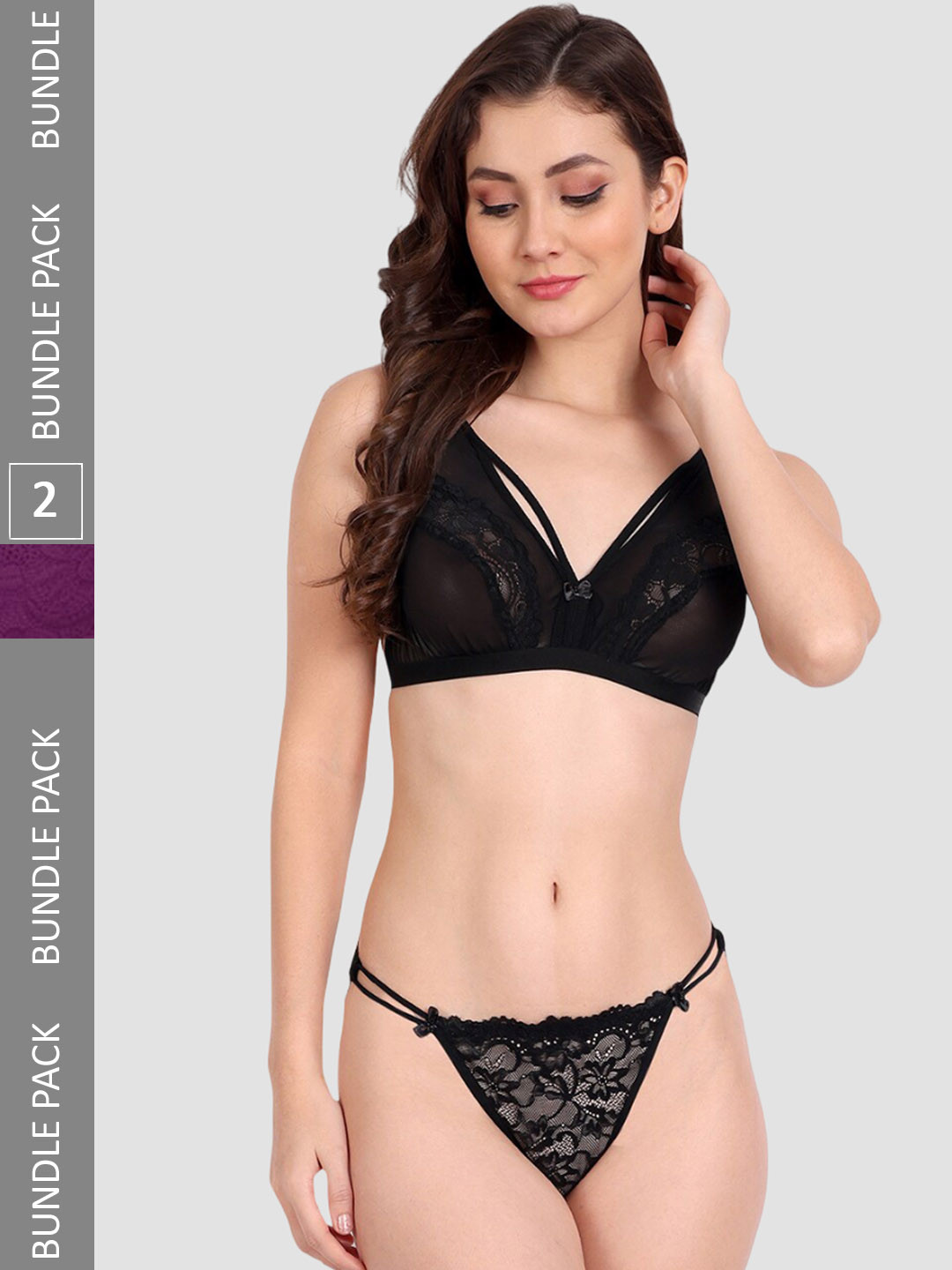 FIMS Pack Of 2 Self-Design Lingerie Set C_KarrySet_Black_BlumerSet_Purple_B